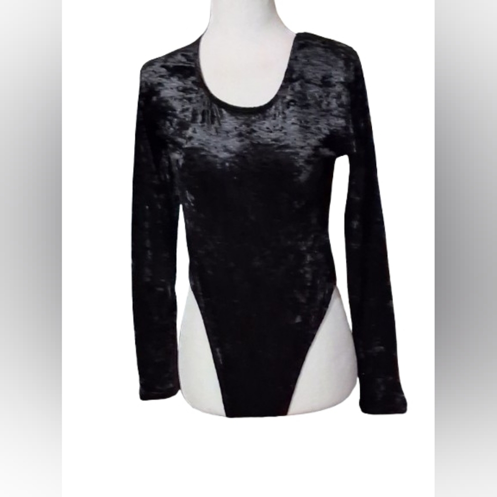 Vintage Jumping Joy Crushed Black Velvet Thong Bodysuit, Large "Beautiful"